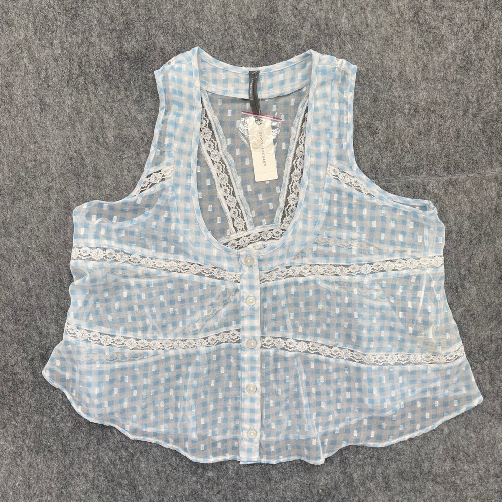 Anthropologie Top Womens Small Blue Gingham Trim Clip Dot Sleeveless Button NWT